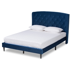 Baxton Studio Joanna Modern and Contemporay Navy Blue Velvet Fabric Upholstered and Dark Brown Finished Wood Queen Size Platform Bed